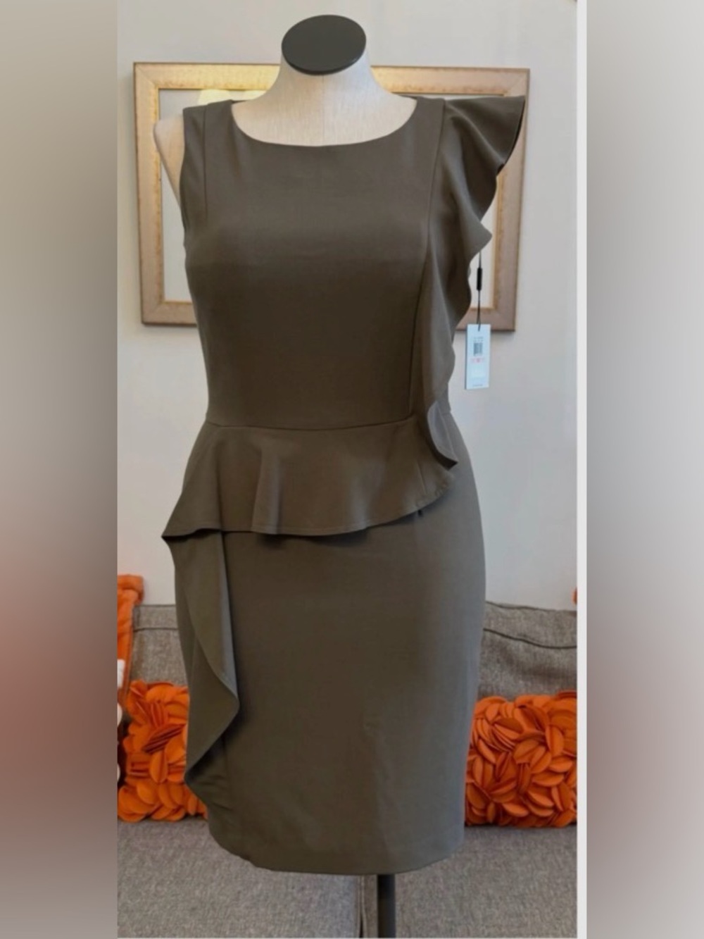 Calvin Klein Olive Ruffle Midi Sheath Dress